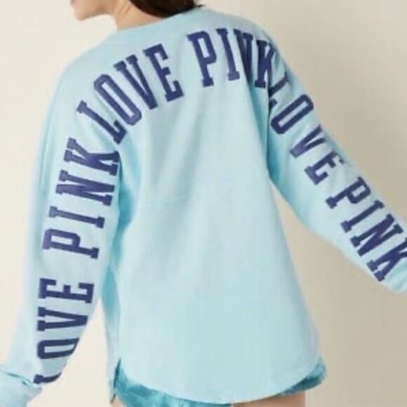 PINK Victoria's Secret Tops - Victoria's Secret PINK Blue W/Logo Varsity Notch Sweatshirt, size XS , NWT